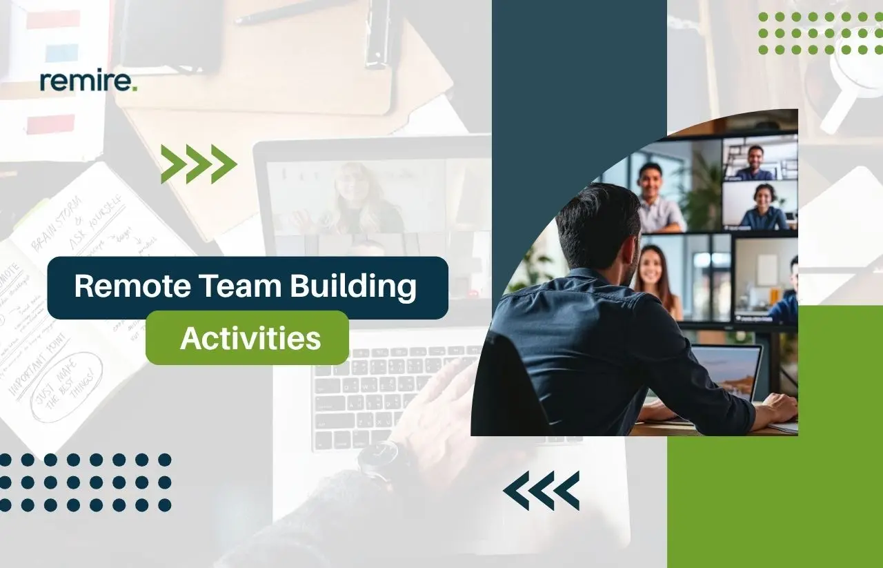 A promotional banner graphic highlighting Remote Team Building Activities by Remire. On the left side, the brand logo "remire." sits in the top corner above bold text blocks reading "Remote Team Building Activities," layered over a background illustration of hands using a laptop and handwritten brainstorming notes. The right side features an inset photograph of a man sitting at his desk, viewed from behind, actively engaging in a virtual video conference meeting with multiple colleagues displayed on a large screen monitor.